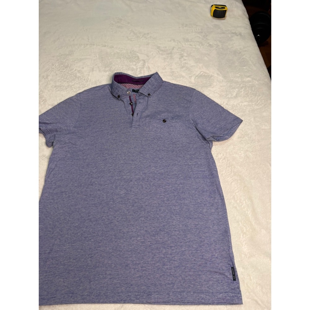 Ted Baker Mens Blue Micro Stripe Polo Shirt Short Sleeve Purple Trim Size 4 L - Picture 2 of 10